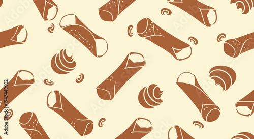 Food Industry Cannoli Dessert Flat Seamless Pattern Vector Illustration