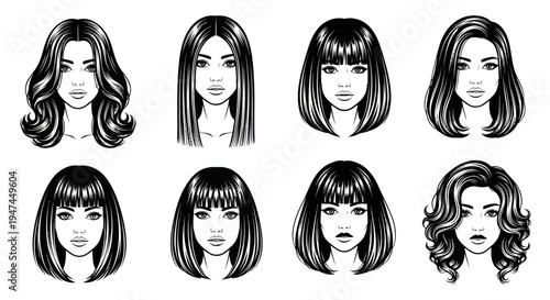 Beauty Fashion Industry: Black  White Line Art Vector of Diverse Female Hairstyles and Faces