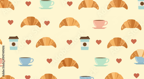 Food  Drink: Flat Vector Seamless Pattern with Bakery Croissants, Coffee Cups  Hearts