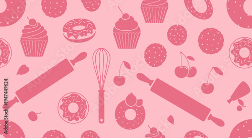 Food Industry Baking  Dessert Flat Pattern with Sweet Pastries and Kitchen Tools Glyphs