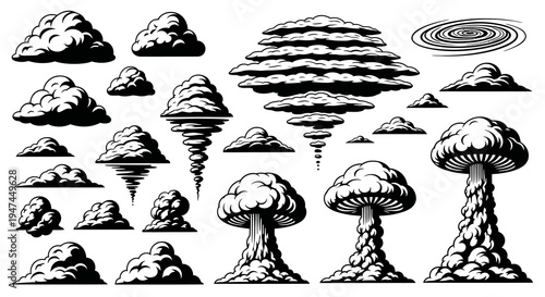 Black  White Line Art Weather, Smoke, and Explosion Cloud Vector Icons Set