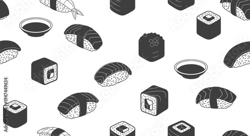 Japanese Food Sushi Rolls Nigiri Isometric Black  White Line Art Seamless Pattern