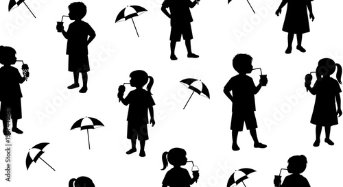 Summer Vacation Children Silhouettes Seamless Pattern: Kids Drinking and Umbrellas