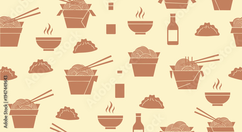 Asian Food Takeaway Seamless Pattern with Noodles, Dumplings  Bowls in Flat Vector Style