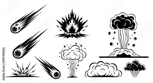 Black  White Line Art Disaster Effects: Meteor, Explosion, and Smoke Cloud Glyphs Set