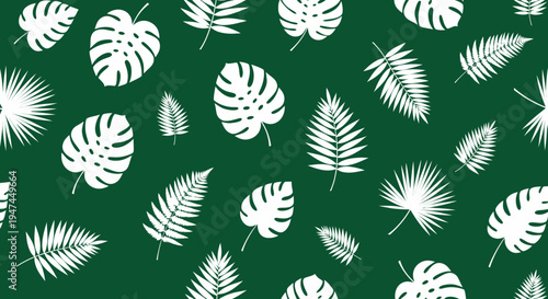 Tropical Nature Seamless Pattern with Flat Vector White Leaves on Green Background