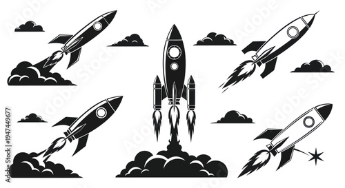 Space Rocket Launch Glyph Icons Set - Business Startup Success Black and White Vector Art
