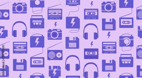 Retro Technology Flat Icons Seamless Pattern Background - Vintage Electronic Gadgets