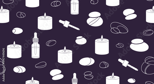 Aromatherapy Wellness Spa Line Art Seamless Pattern with Candles, Essential Oils, Stones