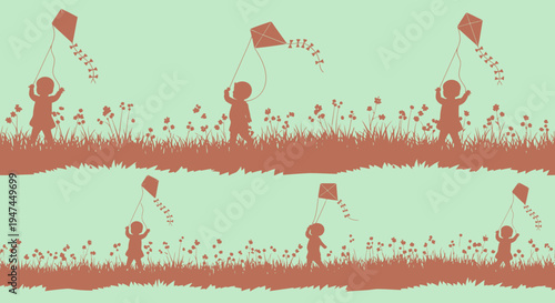 Childhood Nature Fun: Kids Playing Kites Seamless Pattern Silhouette Art