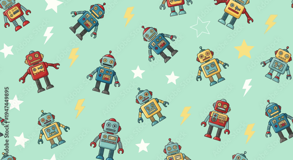 Fototapeta premium Cute Hand-drawn Cartoon Robots Seamless Pattern for Kids with Stars and Lightning Bolts