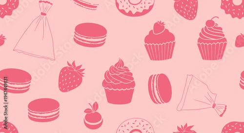 Sweet Food Baking Industry Seamless Pattern with Pink Flat Desserts  Fruits Glyphs Background