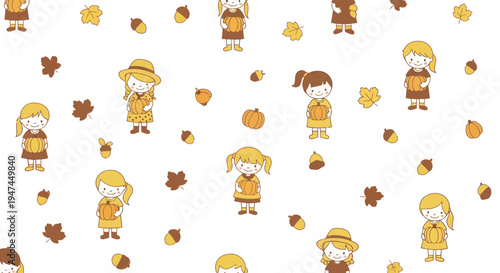 Seasonal Autumn Fall Children Illustration: Cute Girls with Pumpkins, Leaves  Acorns Doodle Pattern