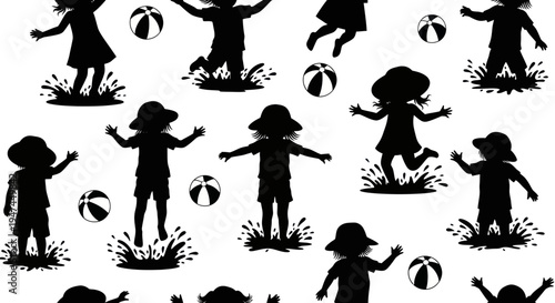 Summer Fun Childhood Silhouettes Seamless Pattern with Kids Playing and Beach Balls