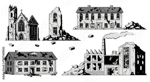 Urban Decay Ruined Buildings Black  White Line Art Vector Set for Disaster and Abandonment Themes