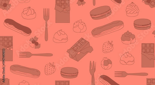 Dessert Food Flat Line Art Illustration Seamless Pattern with Pastries, Chocolate, Fruits  Forks
