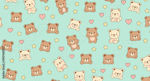 Seamless Cute Cartoon Teddy Bears Flat Vector Pattern for Children's Nursery