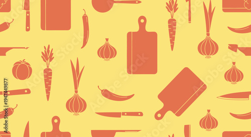 Food Cooking Kitchen Utensils  Vegetables Flat Seamless Pattern Background
