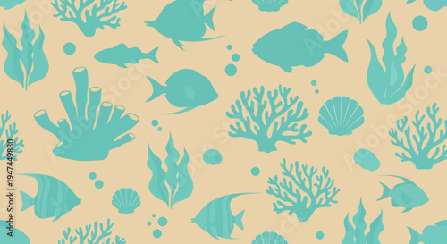 Flat Design Seamless Pattern of Marine Life: Fish, Coral, Seaweed  Shells - Underwater Vector Art