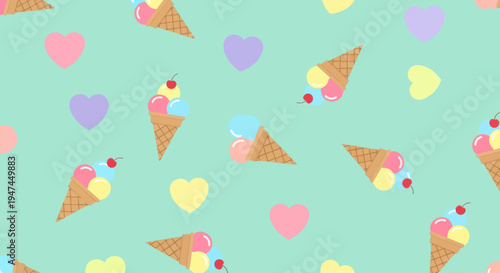 Food  Drink Flat Vector Seamless Pattern: Cute Ice Cream Cones and Hearts Background
