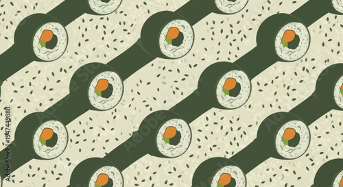 Food Industry Isometric Flat Design Seamless Pattern with Sushi Maki Rolls and Sesame Seeds
