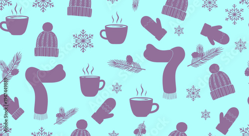 Cozy Winter Flat Vector Seamless Pattern: Hats, Scarves, Mittens, Hot Drinks, Snowflakes