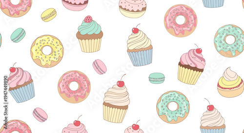 Sweet Treats Food Hand-drawn Seamless Pattern: Colorful Donuts, Cupcakes  Macarons Illustration
