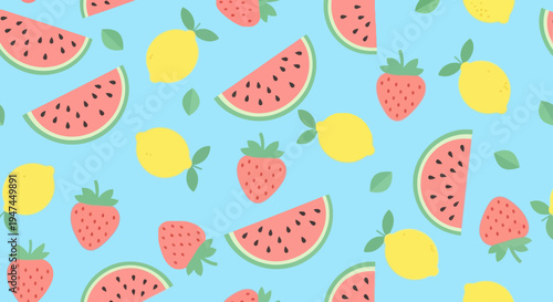 Food  Summer Flat Vector Seamless Pattern: Watermelon, Lemon, Strawberry Fruits