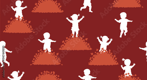 Childhood Autumn Season Silhouette: Kids Playing in Fall Leaf Piles Vector Pattern