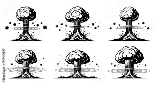 Atomic Explosion Mushroom Cloud Black and White Line Art Icon Set for Military and Science