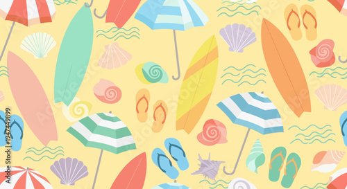 Summer Beach Flat Design Seamless Pattern: Surfboards, Umbrellas, Flip-flops, Shells