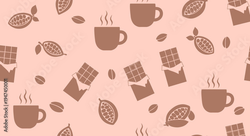 Food  Drink Flat Vector Seamless Pattern: Chocolate Bars, Coffee Cups  Cacao Pods