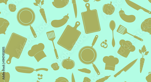 Food and Kitchen Flat Glyph Seamless Pattern with Cooking Utensils and Vegetables