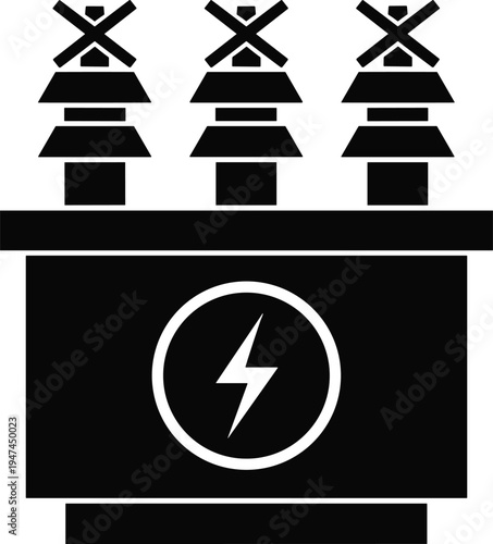 Electric power transformer icon, electrical substation symbol, high voltage energy equipment illustration, power distribution system, electricity technology vector graphic