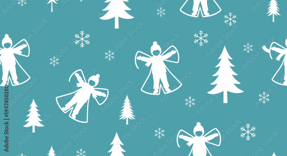 Obraz premium Christmas Winter Holiday Flat Seamless Pattern with Snow Angels, Trees, and Snowflakes