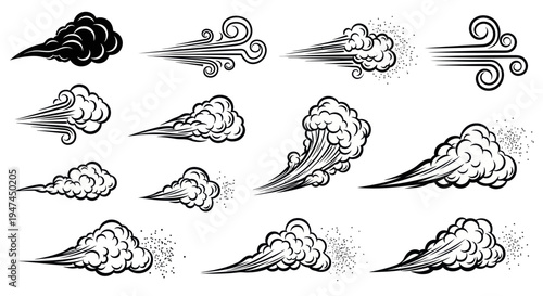 Graphic Design Comic Style Black  White Wind, Smoke, and Speed Effect Vector Art Set