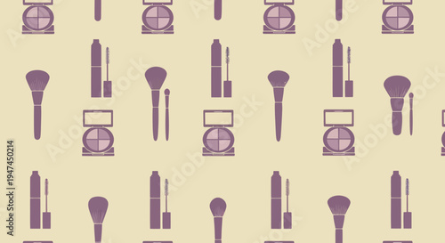 Beauty Cosmetics Flat Design Seamless Pattern with Makeup Products and Tools Vector Art