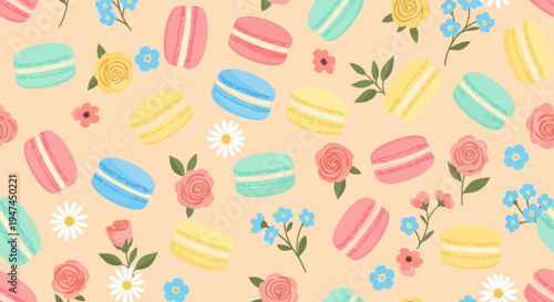 Flat Illustration Seamless Pattern with Pastel Macarons and Spring Flowers - Food Industry
