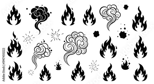 Graphic Design Elements: Black Glyph Fire, Smoke, and Spark Silhouette Icons Set