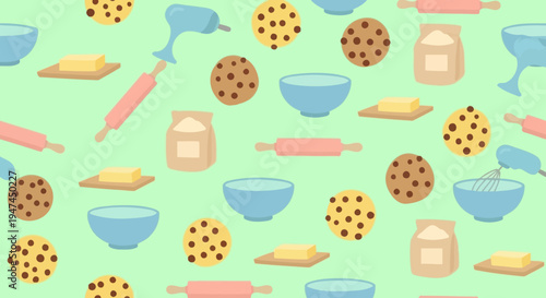 Food Industry Flat Seamless Pattern: Baking Tools, Ingredients  Chocolate Chip Cookies