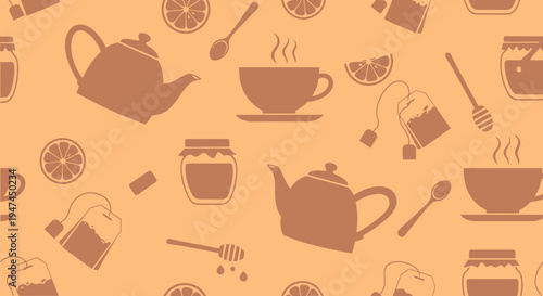 Seamless Tea Drink Flat Glyph Pattern. Teapot, Teacup, Honey, Lemon Background for Food  Beverage.