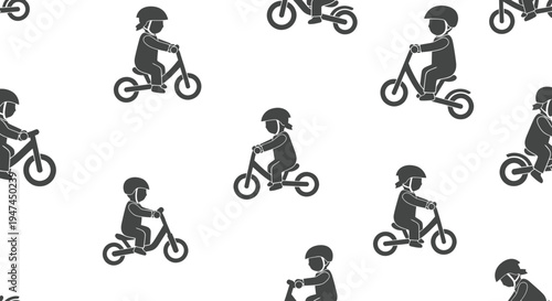 Children on Balance Bikes and Scooters Seamless Glyph Pattern - Kids Play and Active Lifestyle