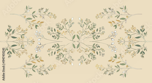 Hand-Drawn Botanical Pattern with Delicate Floral Branches Vector Illustration