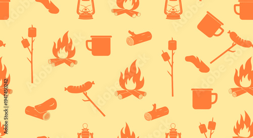 Outdoor Camping Adventure Flat Vector Seamless Pattern with Campfires, Marshmallows, Mugs, Logs