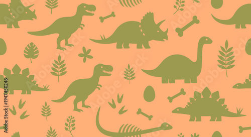 Prehistoric Dinosaurs Pattern - Cartoon Flat Silhouette Background for Kids Design