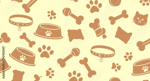 Flat Graphic Pet Care Seamless Pattern with Dog and Cat Supplies, Bones, Bowls, and Paw Prints