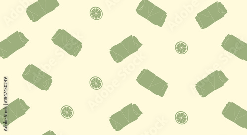 Food Flat Illustration Seamless Pattern with Dolmades, Stuffed Grape Leaves and Lime