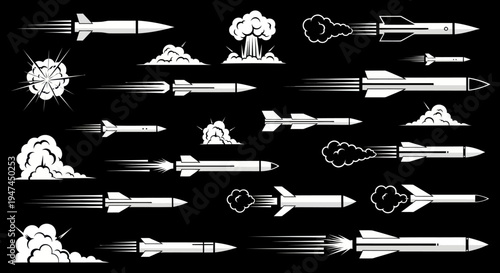 Military Warfare Missiles and Explosions Black  White Vector Icon Set