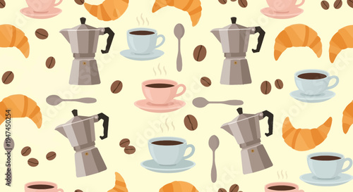 Food  Drink Flat Design Seamless Pattern: Coffee, Moka Pots, Croissants, Beans, Spoons