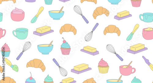 Food Industry Cute Hand-Drawn Seamless Baking Pattern with Pastries  Kitchen Tools